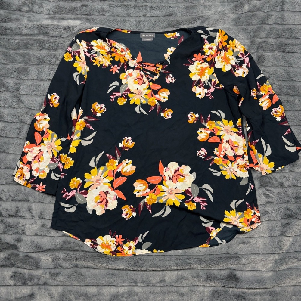Van Heusen Navy Floral Lace Up V-Neck Bell Sleeve Blouse Large